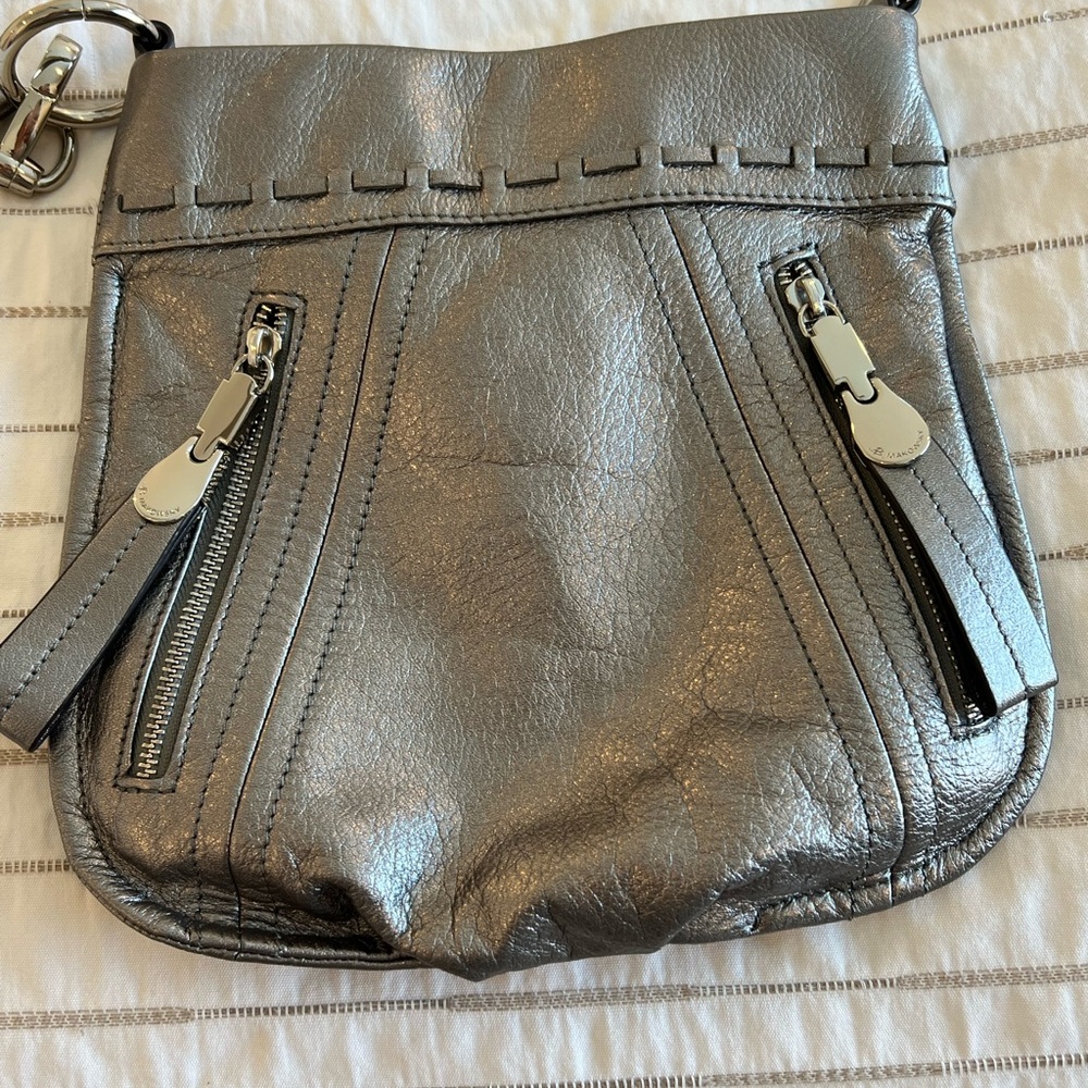 b. makowsky Metallic Gray Crossbody Bag with Front Zips